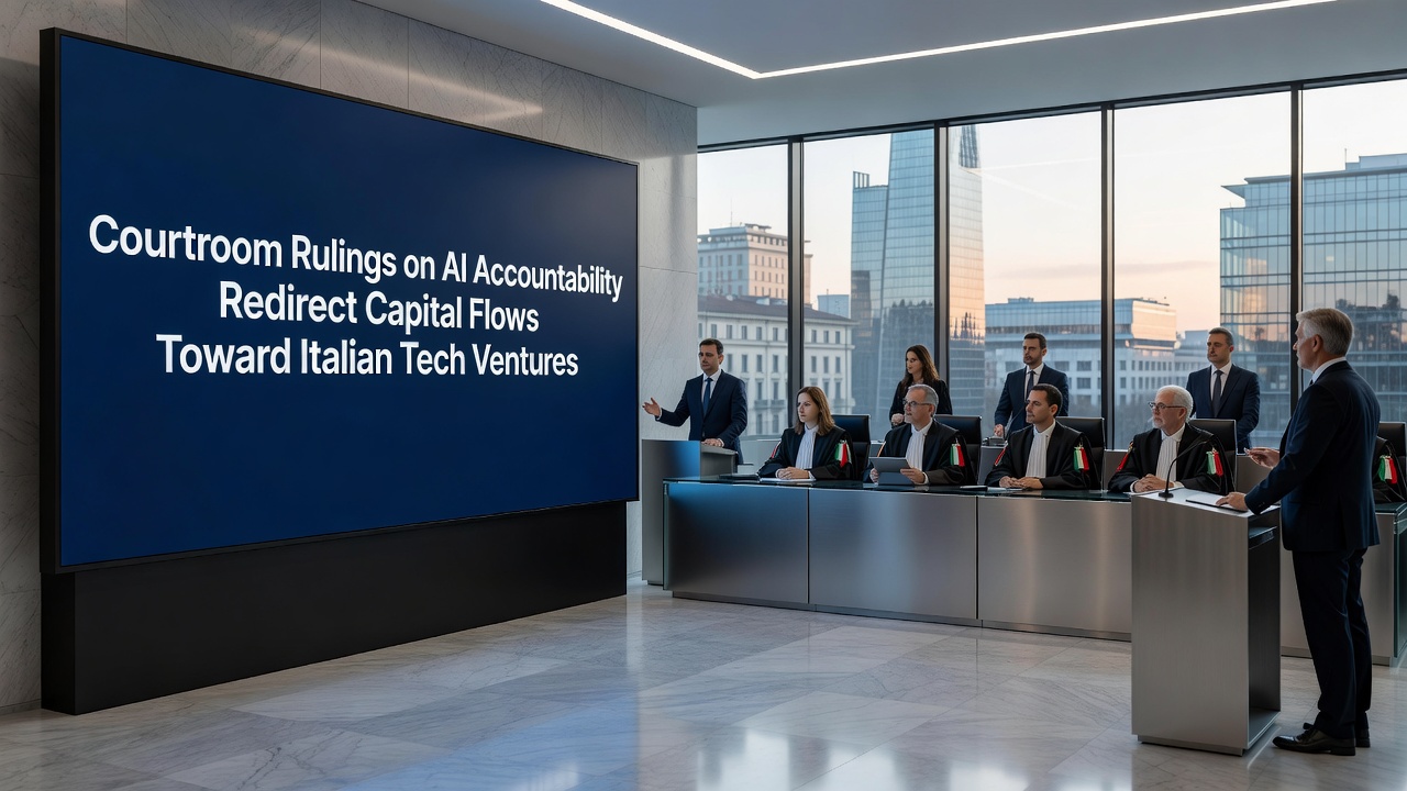 Venture capitalists reviewing Italian AI startup prototypes at a Rome investment forum in September 2026